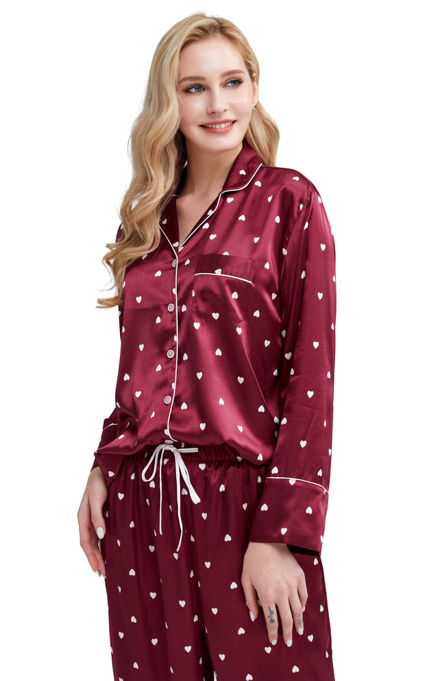 Women's Silk Satin Pajama Set Long Sleeve-Burgundy with Hearts