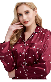 Women's Silk Satin Pajama Set Long Sleeve-Burgundy with Hearts