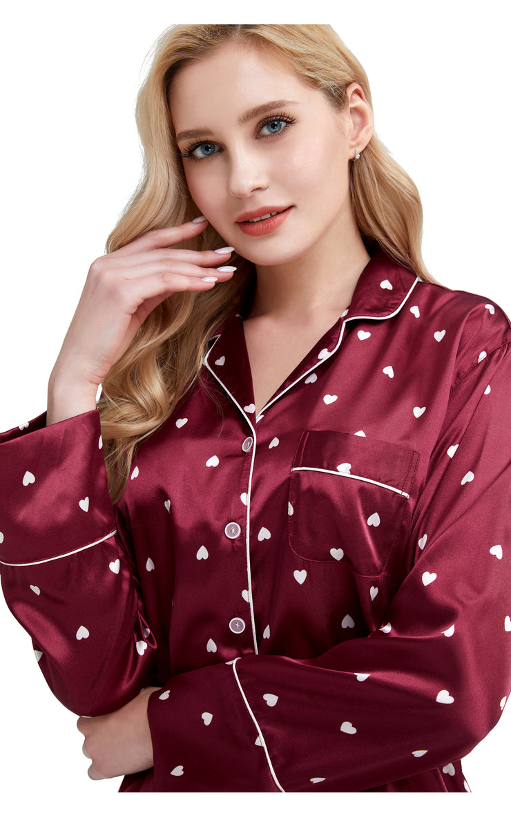 Women's Silk Satin Pajama Set Long Sleeve-Burgundy with Hearts