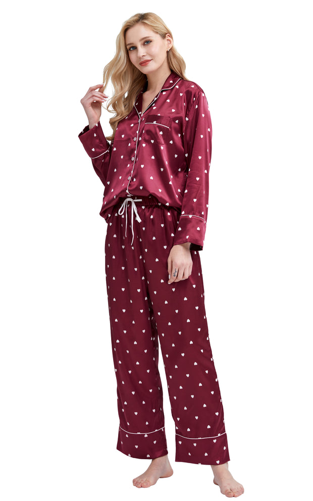 Women's Silk Satin Pajama Set Long Sleeve-Burgundy with Hearts