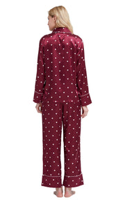 Women's Silk Satin Pajama Set Long Sleeve-Burgundy with Hearts