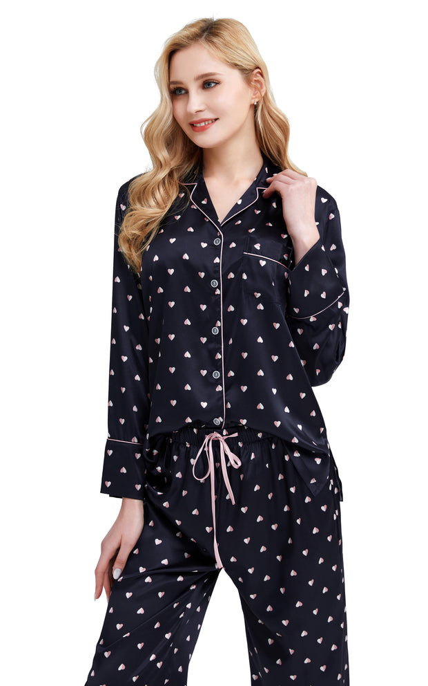 Women's Silk Satin Pajama Set Long Sleeve-Dark Navy with Hearts