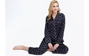 Women's Silk Satin Pajama Set Long Sleeve-Dark Navy with Hearts