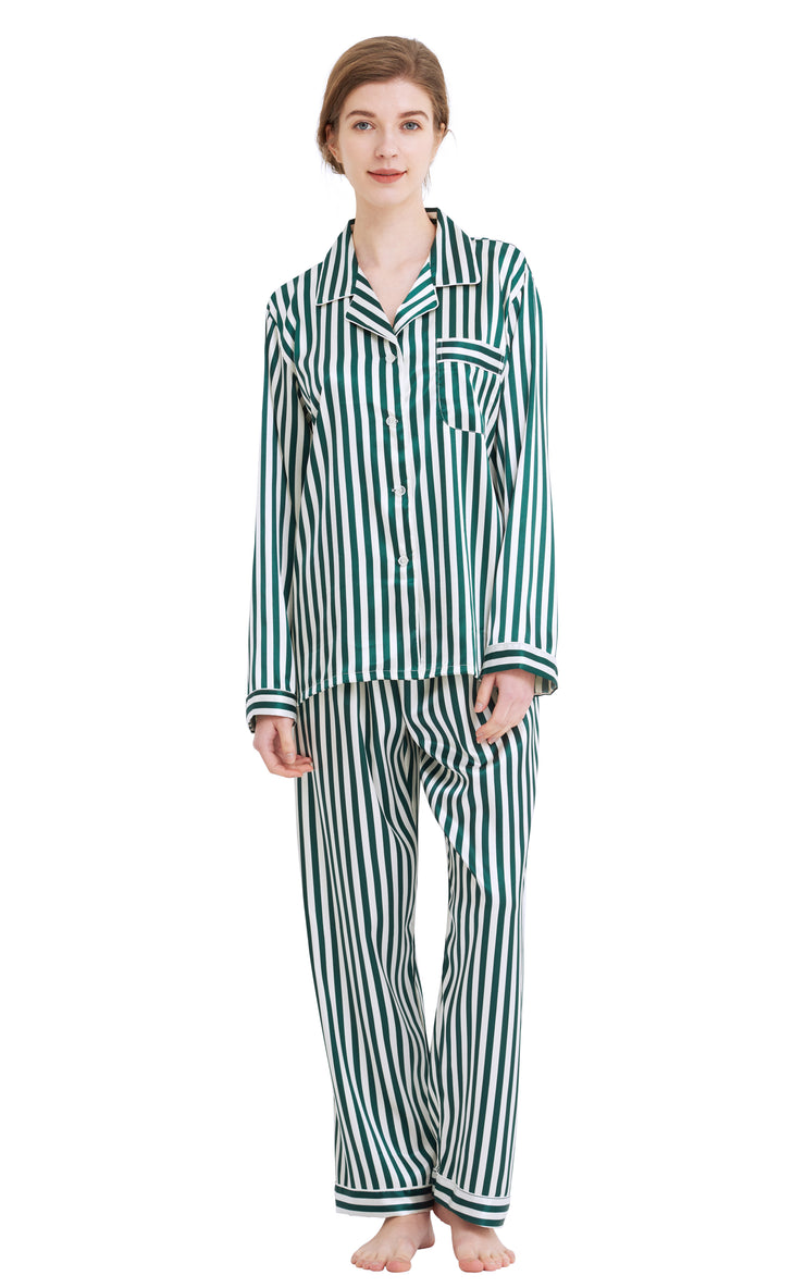 Women's Silk Satin Pajama Set Long Sleeve-Green and White Striped