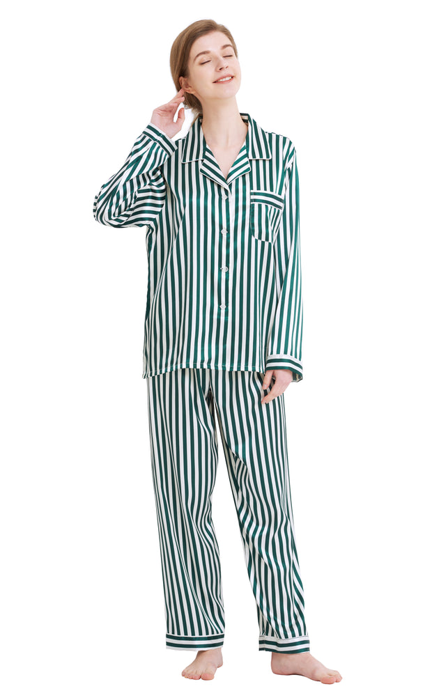 Women's Silk Satin Pajama Set Long Sleeve-Green and White Striped