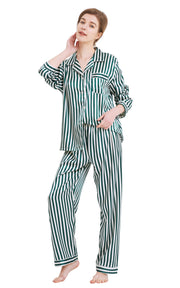 Women's Silk Satin Pajama Set Long Sleeve-Green and White Striped