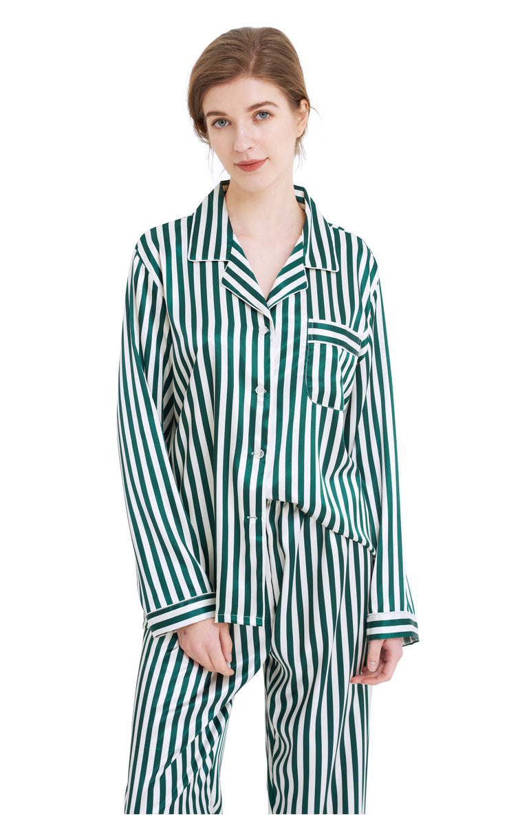 Women's Silk Satin Pajama Set Long Sleeve-Green and White Striped