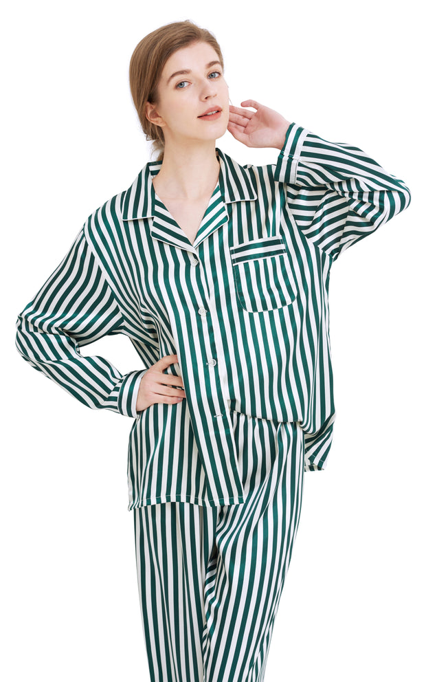 Women's Silk Satin Pajama Set Long Sleeve-Green and White Striped