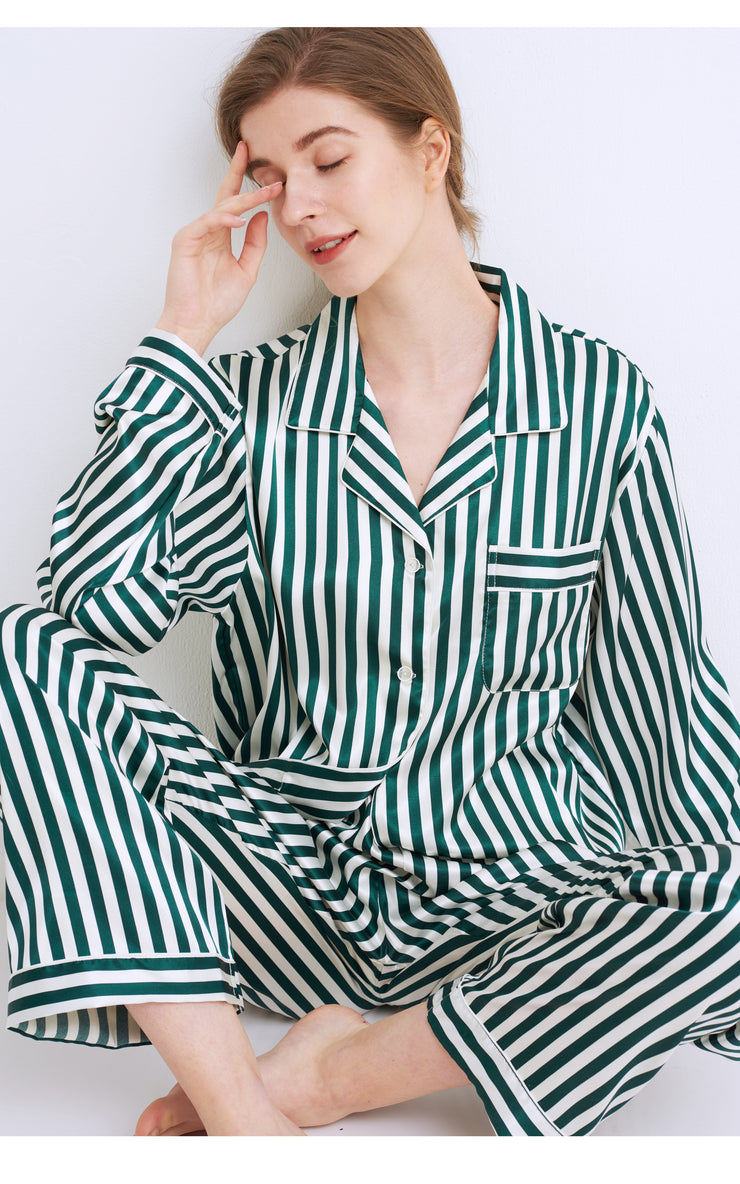 Women's Silk Satin Pajama Set Long Sleeve-Green and White Striped