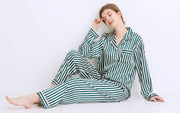 Women's Silk Satin Pajama Set Long Sleeve-Green and White Striped