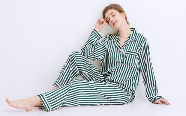 Women's Silk Satin Pajama Set Long Sleeve-Green and White Striped – Tony &  Candice