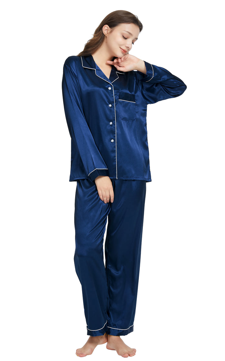 Women's Silk Satin Pajama Set Long Sleeve-Navy Blue with White Piping