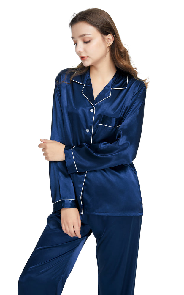 Women's Silk Satin Pajama Set Long Sleeve-Navy Blue with White Piping