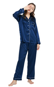 Women's Silk Satin Pajama Set Long Sleeve-Navy Blue with White Piping