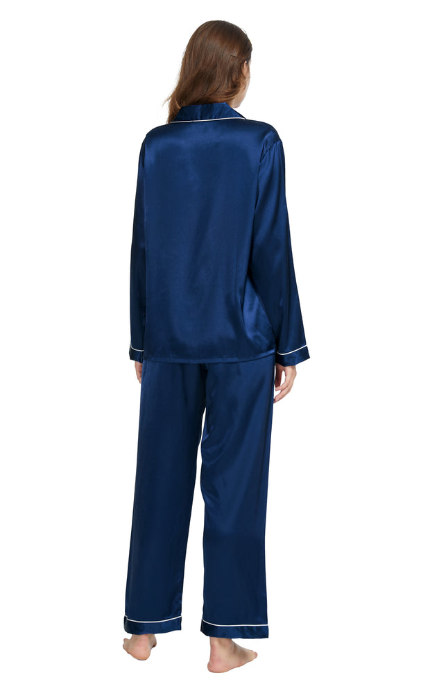 Women's Silk Satin Pajama Set Long Sleeve-Navy Blue with White Piping