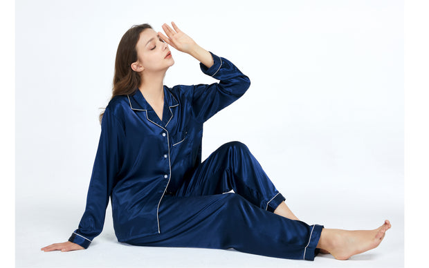 Women's Silk Satin Pajama Set Long Sleeve-Navy Blue with White Piping