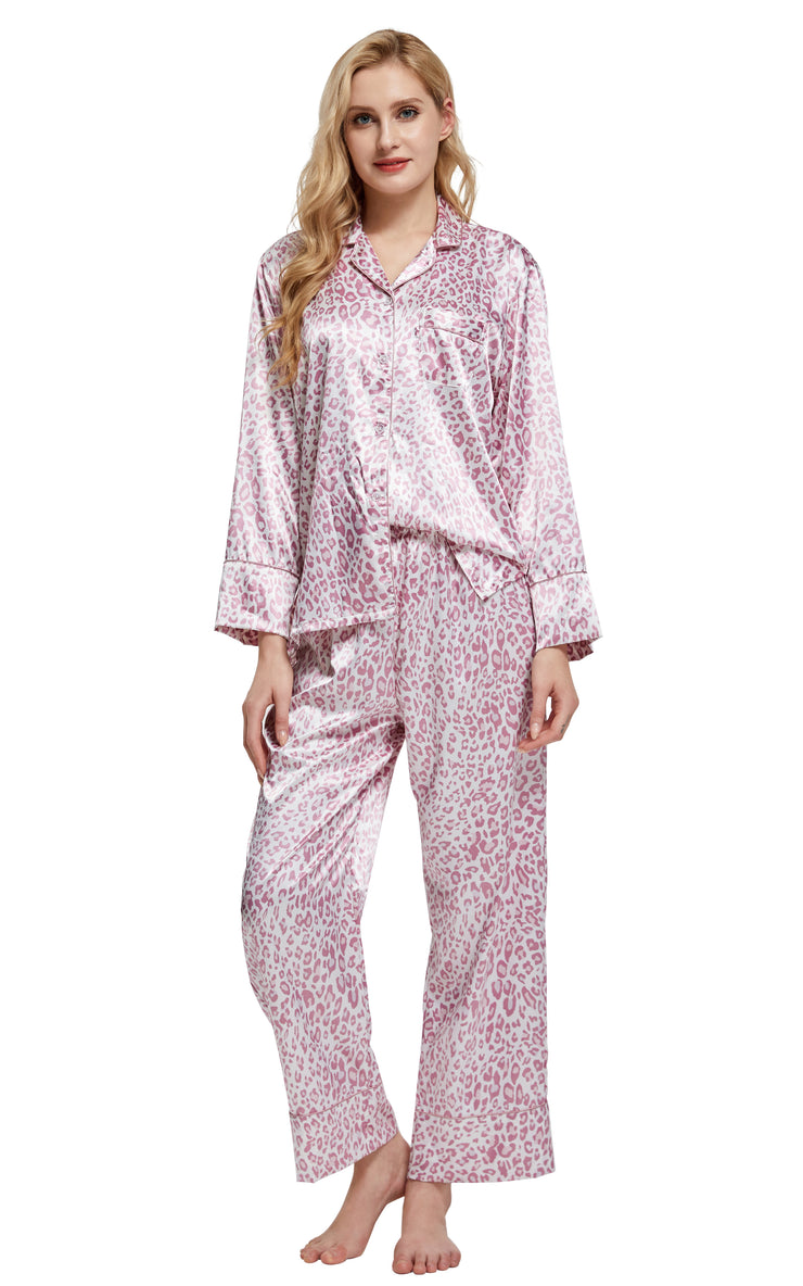 Women's Silk Satin Pajama Set Long Sleeve-Pink Leopard Print