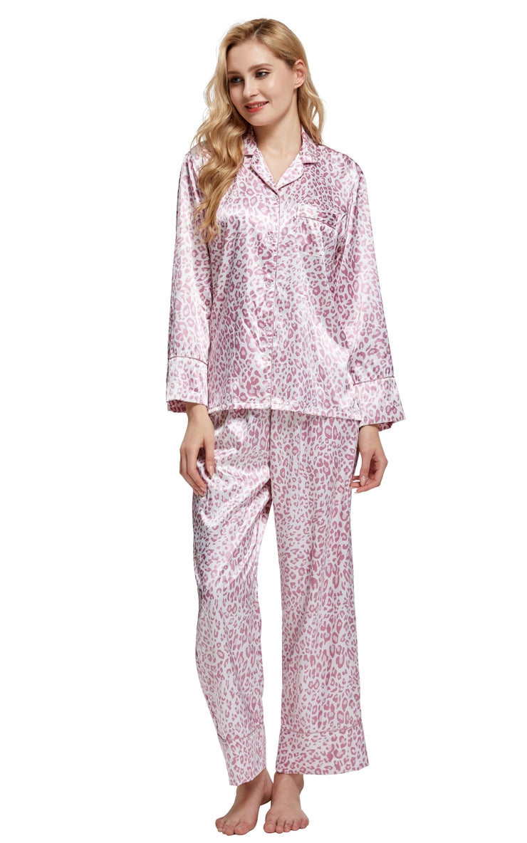 V Neck Nightwear Sleep Set Pajamas Ice Silk Printing Long Sleeve