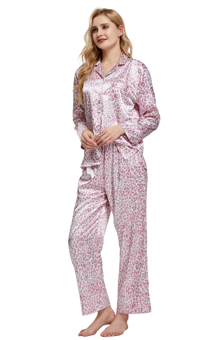 Women's Silk Satin Pajama Set Long Sleeve-Pink Leopard Print