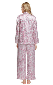 Women's Silk Satin Pajama Set Long Sleeve-Pink Leopard Print