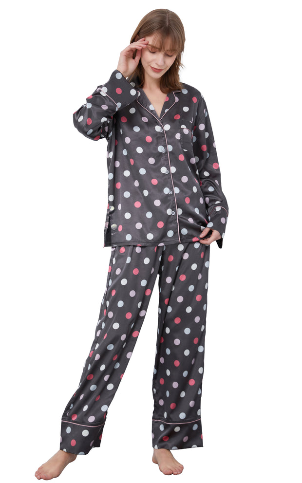 Women's Silk Satin Pajama Set Long Sleeve-Dark Gray with Polka Dots
