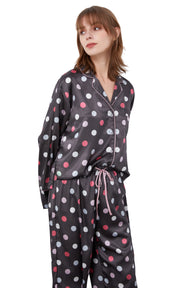 Women's Silk Satin Pajama Set Long Sleeve-Dark Gray with Polka Dots