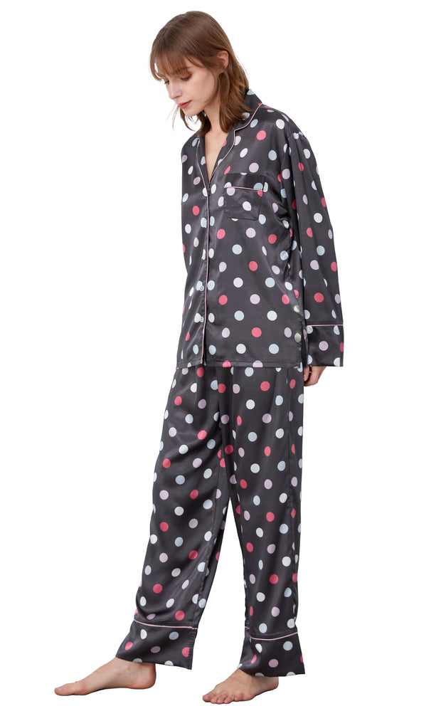 Women's Silk Satin Pajama Set Long Sleeve-Dark Gray with Polka Dots