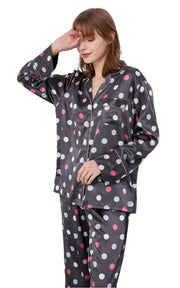 Women's Silk Satin Pajama Set Long Sleeve-Dark Gray with Polka Dots