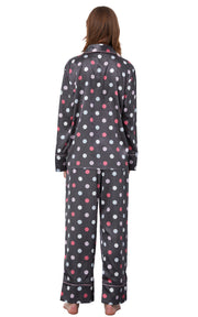 Women's Silk Satin Pajama Set Long Sleeve-Dark Gray with Polka Dots