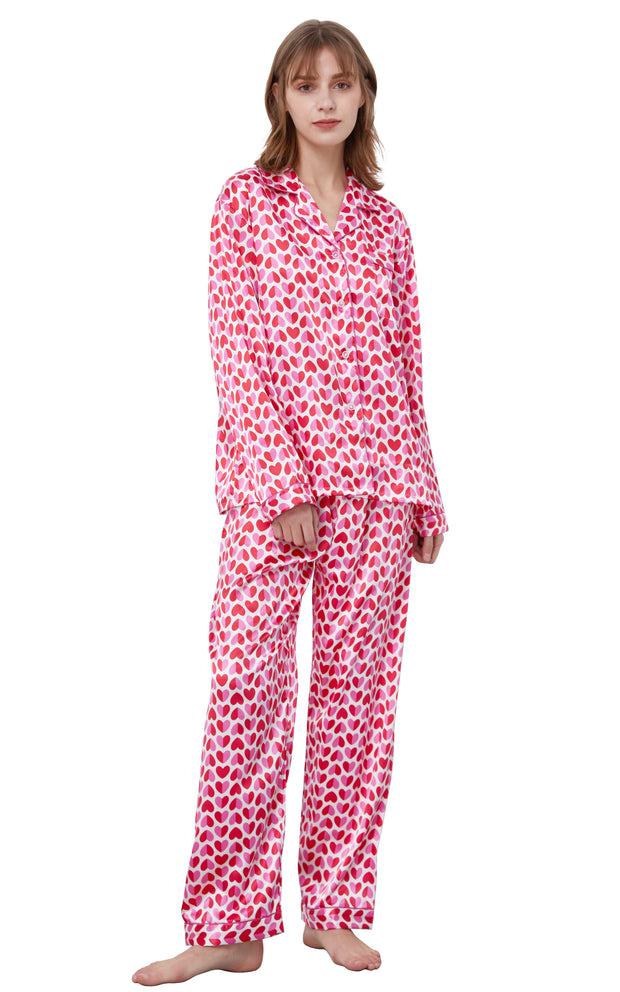 Women's Silk Satin Pajama Set Long Sleeve-Pink Heats