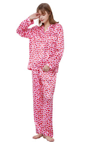 Women's Silk Satin Pajama Set Long Sleeve-Pink Heats