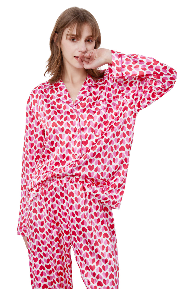 Women's Silk Satin Pajama Set Long Sleeve-Pink Heats