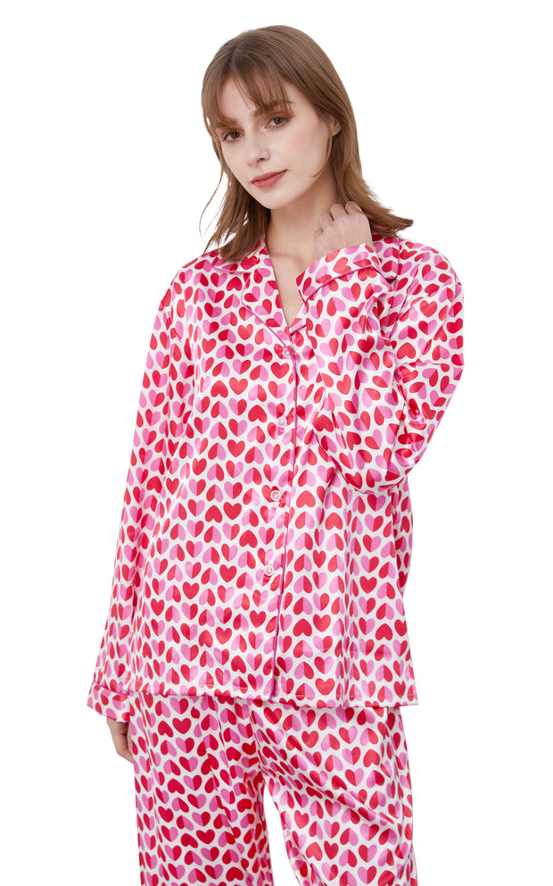 Women's Silk Satin Pajama Set Long Sleeve-Pink Heats