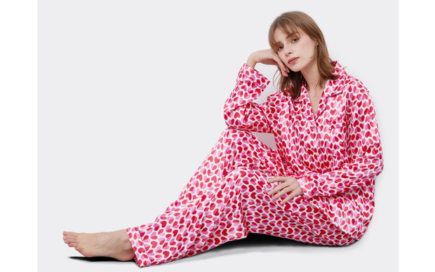 Women's Silk Satin Pajama Set Long Sleeve-Pink Heats