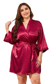 Women's Plus Size Satin Short Kimono Robes-Burgundy