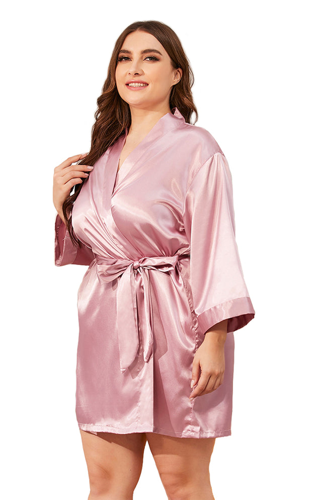 Women's Plus Size Satin Short Kimono Robes-Pink