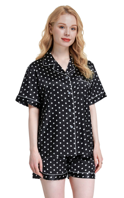 Women's Silk Satin Pajama Set Short Sleeve- Black and White Polka Dot