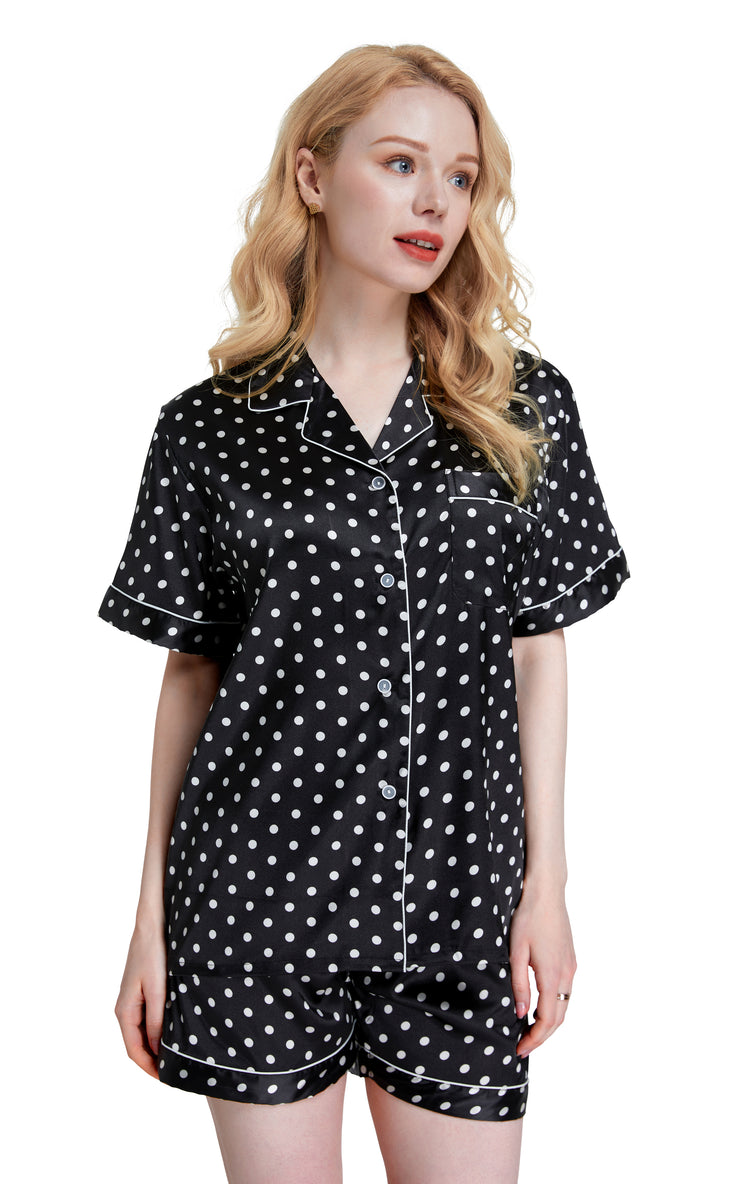Women's Silk Satin Pajama Set Short Sleeve- Black and White Polka Dot