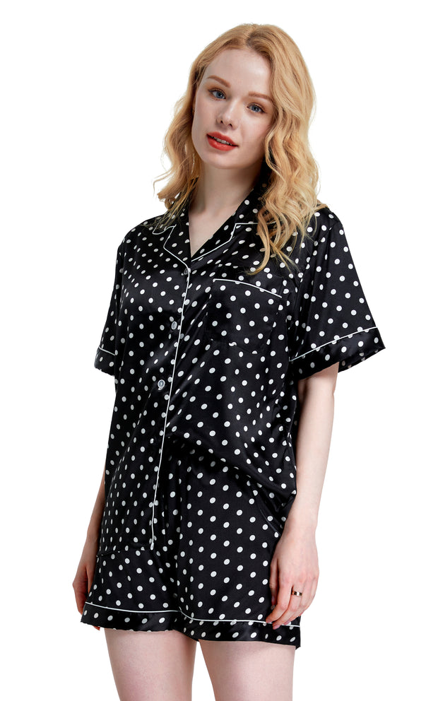 Women's Silk Satin Pajama Set Short Sleeve- Black and White Polka Dot