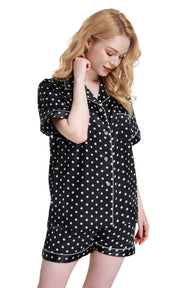 Women's Silk Satin Pajama Set Short Sleeve- Black and White Polka Dot