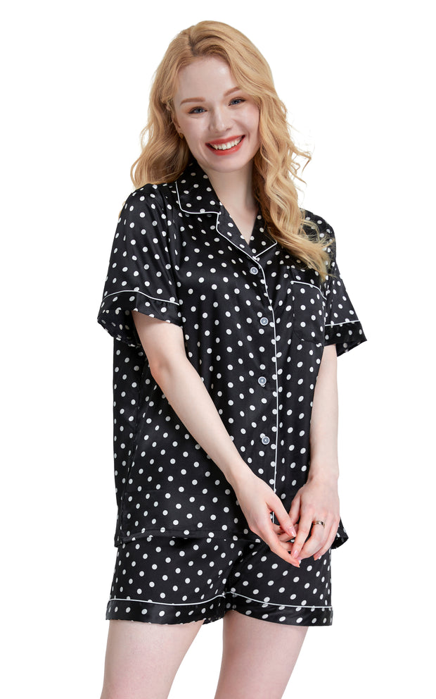 Women's Silk Satin Pajama Set Short Sleeve- Black and White Polka Dot