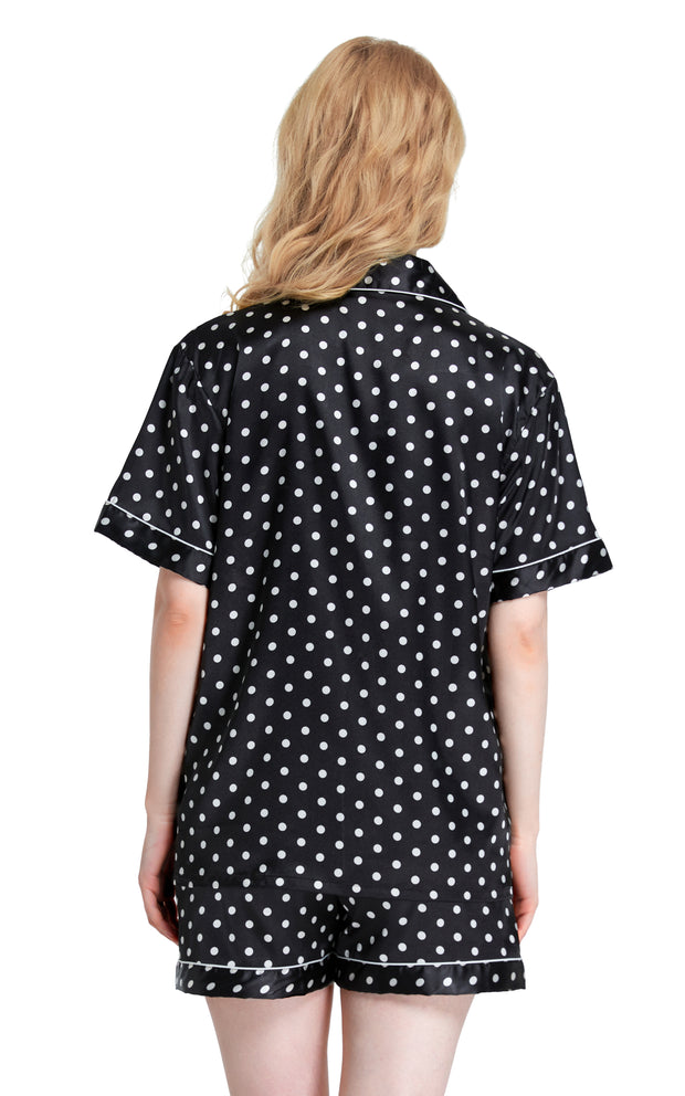 Women's Silk Satin Pajama Set Short Sleeve- Black and White Polka Dot