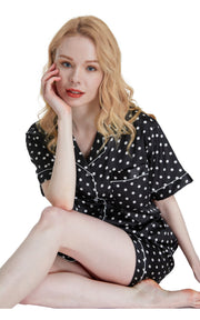 Women's Silk Satin Pajama Set Short Sleeve- Black and White Polka Dot