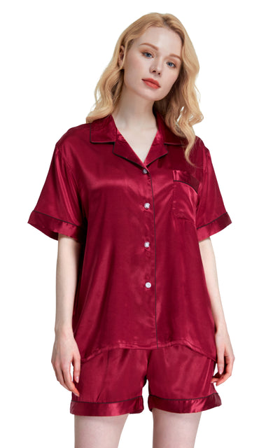 Women's Silk Satin Pajama Set Short Sleeve- Burgundy with Black Piping