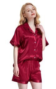 Women's Silk Satin Pajama Set Short Sleeve- Burgundy with Black Piping