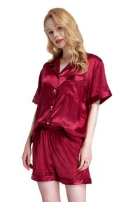 Women's Silk Satin Pajama Set Short Sleeve- Burgundy with Black Piping