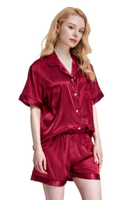 Women's Silk Satin Pajama Set Short Sleeve- Burgundy with Black Piping