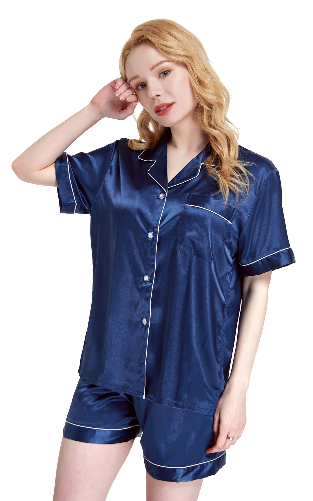 Umenlele Women's Satin Pajama Set - V-Neck Ruffle Short Sleeve Top And Shorts, Navy Blue, X-Small - View #3