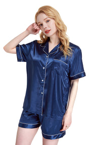 Women's Silk Satin Pajama Set Short Sleeve- Navy Blue with White Piping