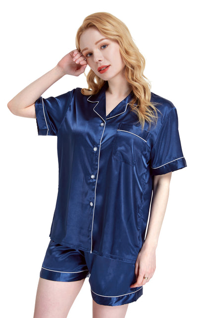 Women's Silk Satin Pajama Set Short Sleeve- Navy Blue with White Piping